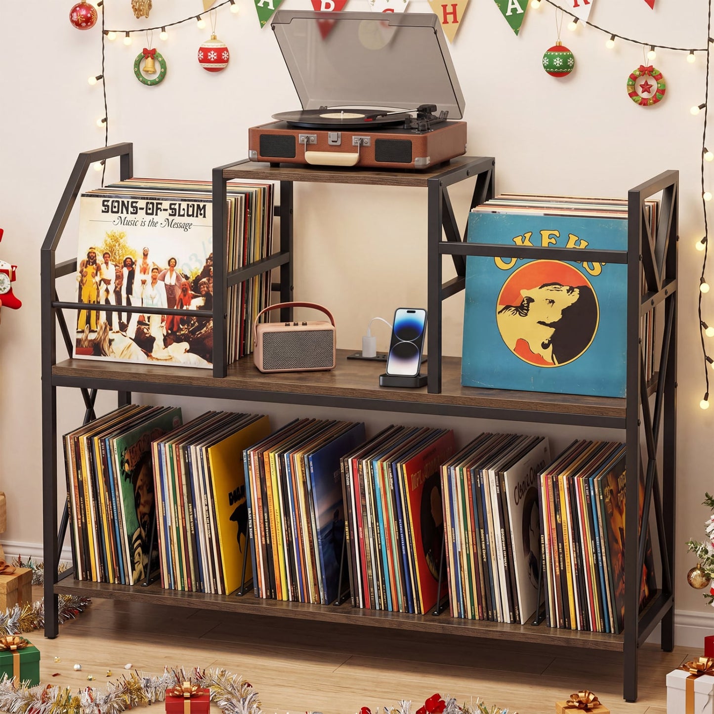 Record Player Stand with Power Outlets and Vinyl Storage and Dividers for Albums, Rustic Brown