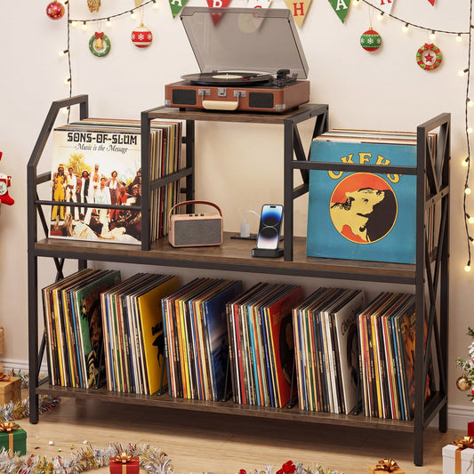 Record Player Stand with Power Outlets and Vinyl Storage and Dividers for Albums, Rustic Brown