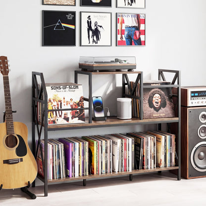 Record Player Stand with Power Outlets and Vinyl Storage and Dividers for Albums, Rustic Brown