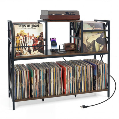 Record Player Stand with Power Outlets and Vinyl Storage and Dividers for Albums, Rustic Brown