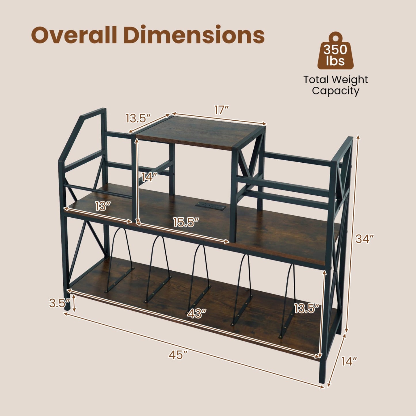 Record Player Stand with Power Outlets and Vinyl Storage and Dividers for Albums, Rustic Brown