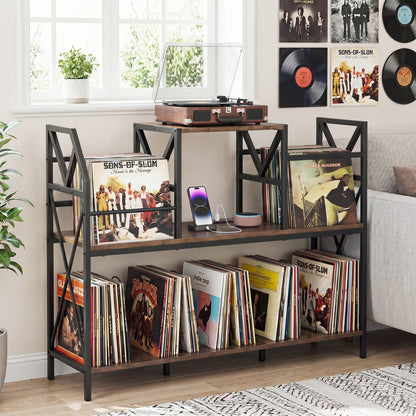 Record Player Stand with Power Outlets and Vinyl Storage and Dividers for Albums, Rustic Brown