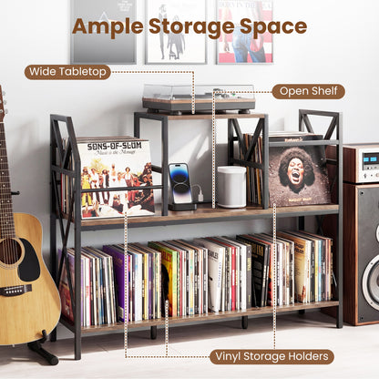 Record Player Stand with Power Outlets and Vinyl Storage and Dividers for Albums, Rustic Brown