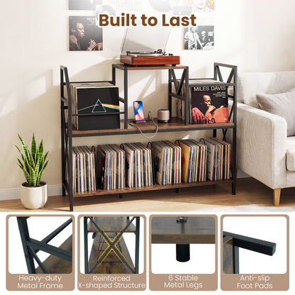 Record Player Stand with Power Outlets and Vinyl Storage and Dividers for Albums, Rustic Brown