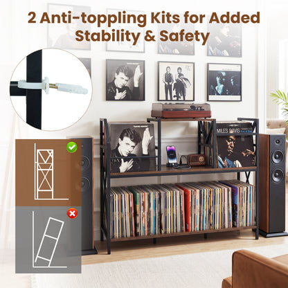 Record Player Stand with Power Outlets and Vinyl Storage and Dividers for Albums, Rustic Brown