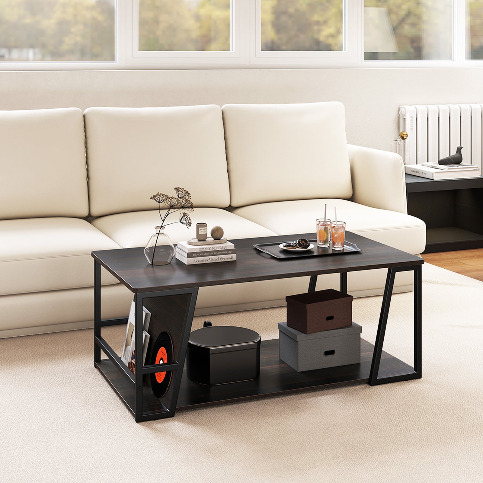 Rectangle Coffee Table 2-tier Industrial Accent Table with Storage Shelf and Compartment, Brown Coffee Tables at Gallery Canada