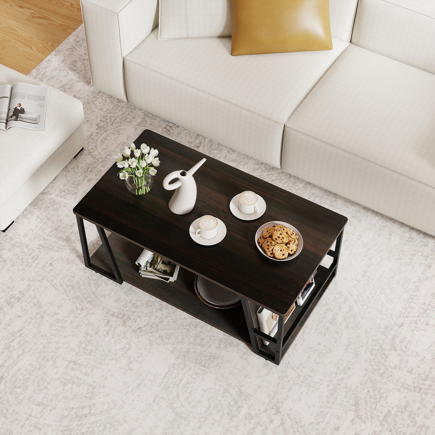 Rectangle Coffee Table 2-tier Industrial Accent Table with Storage Shelf and Compartment, Brown Coffee Tables at Gallery Canada