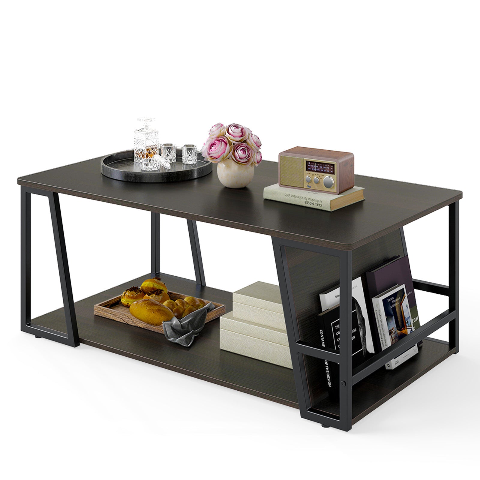 Rectangle Coffee Table 2-tier Industrial Accent Table with Storage Shelf and Compartment, Brown Coffee Tables at Gallery Canada