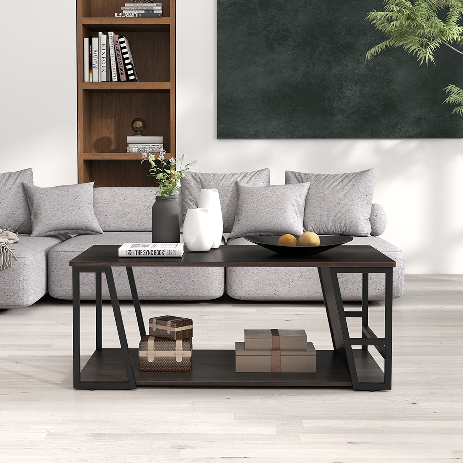 Rectangle Coffee Table 2-tier Industrial Accent Table with Storage Shelf and Compartment, Brown Coffee Tables at Gallery Canada