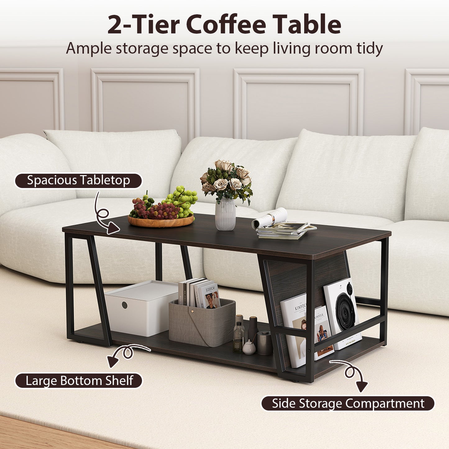 Rectangle Coffee Table 2-tier Industrial Accent Table with Storage Shelf and Compartment, Brown Coffee Tables at Gallery Canada