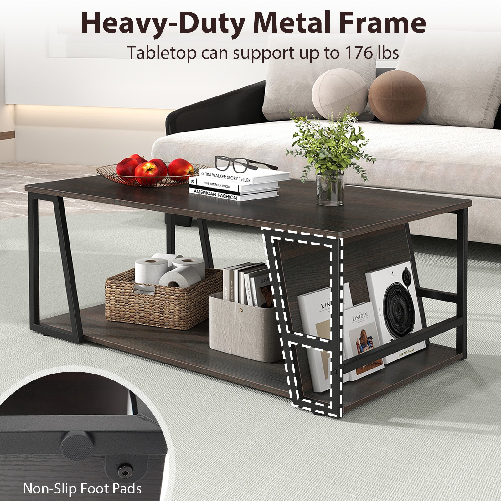 Rectangle Coffee Table 2-tier Industrial Accent Table with Storage Shelf and Compartment, Brown Coffee Tables at Gallery Canada