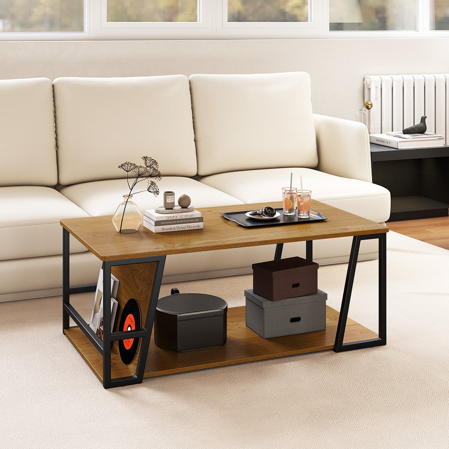 Rectangle Coffee Table 2-tier Industrial Accent Table with Storage Shelf and Compartment, Natural Coffee Tables at Gallery Canada