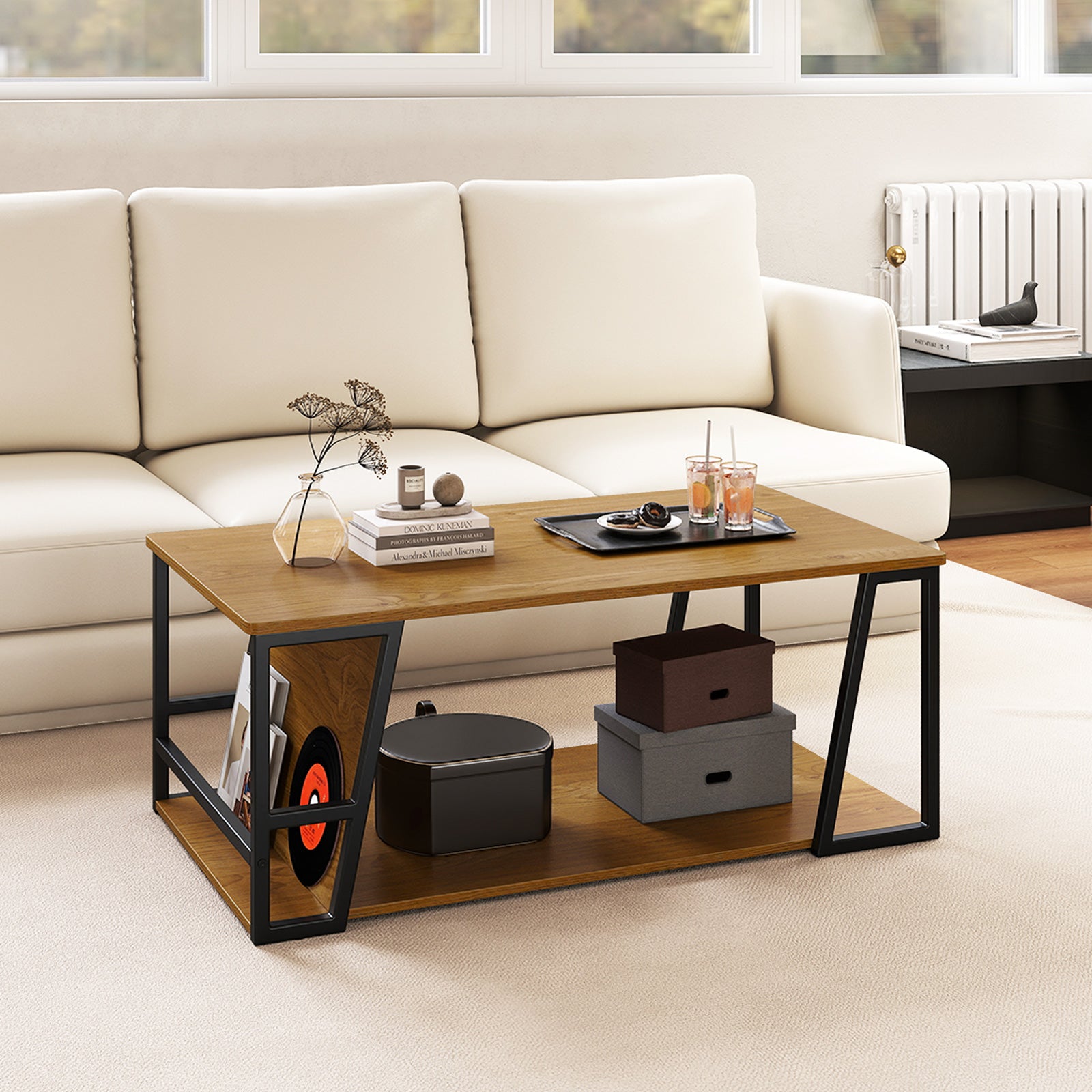Rectangle Coffee Table 2-tier Industrial Accent Table with Storage Shelf and Compartment, Natural Coffee Tables at Gallery Canada