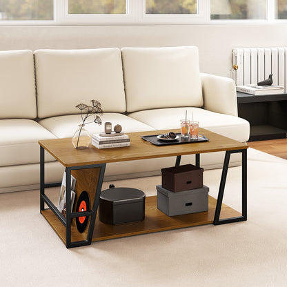 Rectangle Coffee Table 2-tier Industrial Accent Table with Storage Shelf and Compartment, Natural Coffee Tables at Gallery Canada