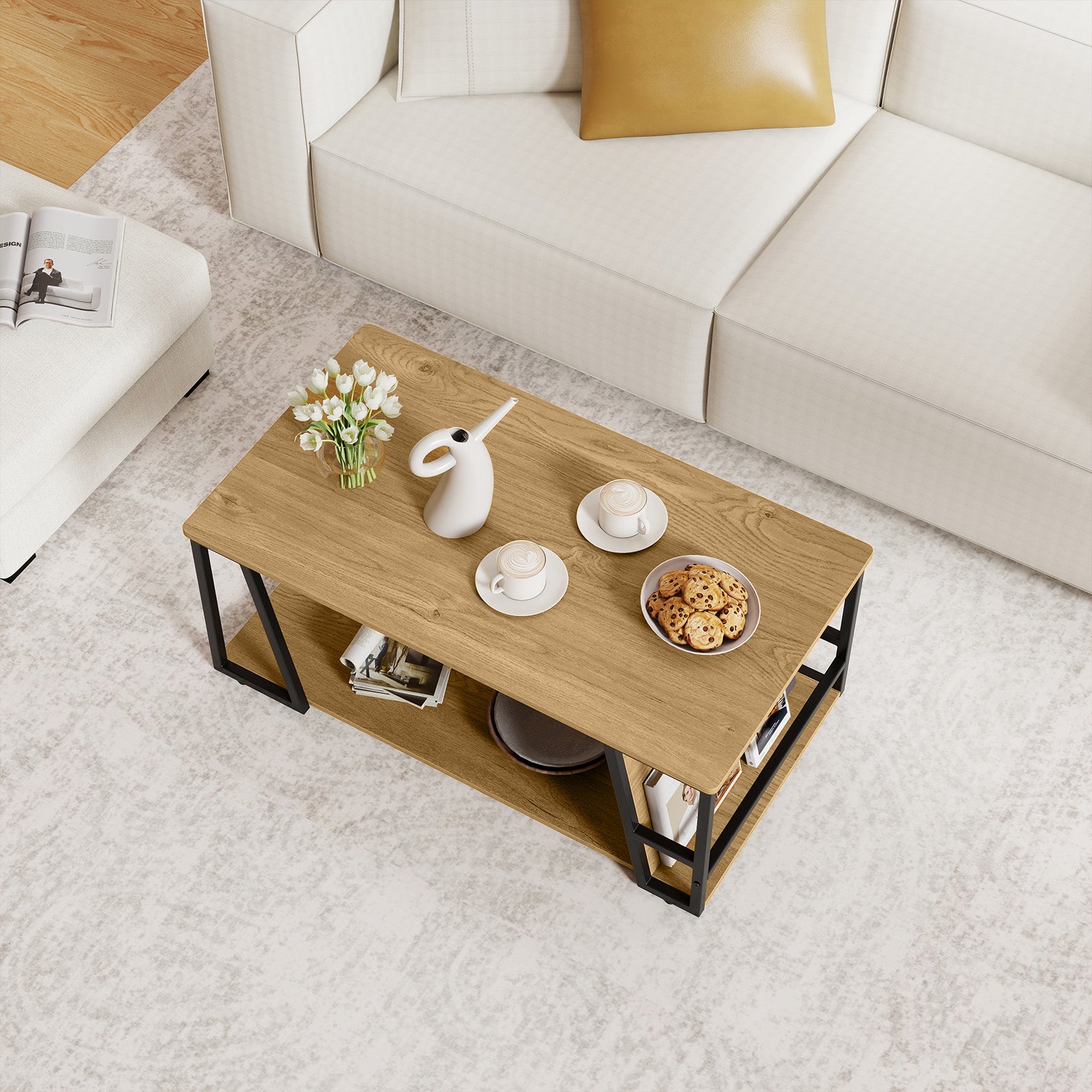 Rectangle Coffee Table 2-tier Industrial Accent Table with Storage Shelf and Compartment, Natural Coffee Tables at Gallery Canada