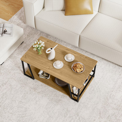 Rectangle Coffee Table 2-tier Industrial Accent Table with Storage Shelf and Compartment, Natural Coffee Tables at Gallery Canada