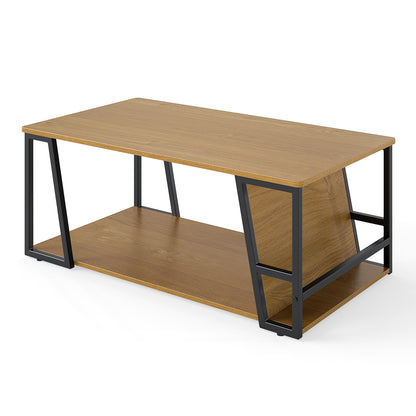Rectangle Coffee Table 2-tier Industrial Accent Table with Storage Shelf and Compartment, Natural Coffee Tables Natural at Gallery Canada