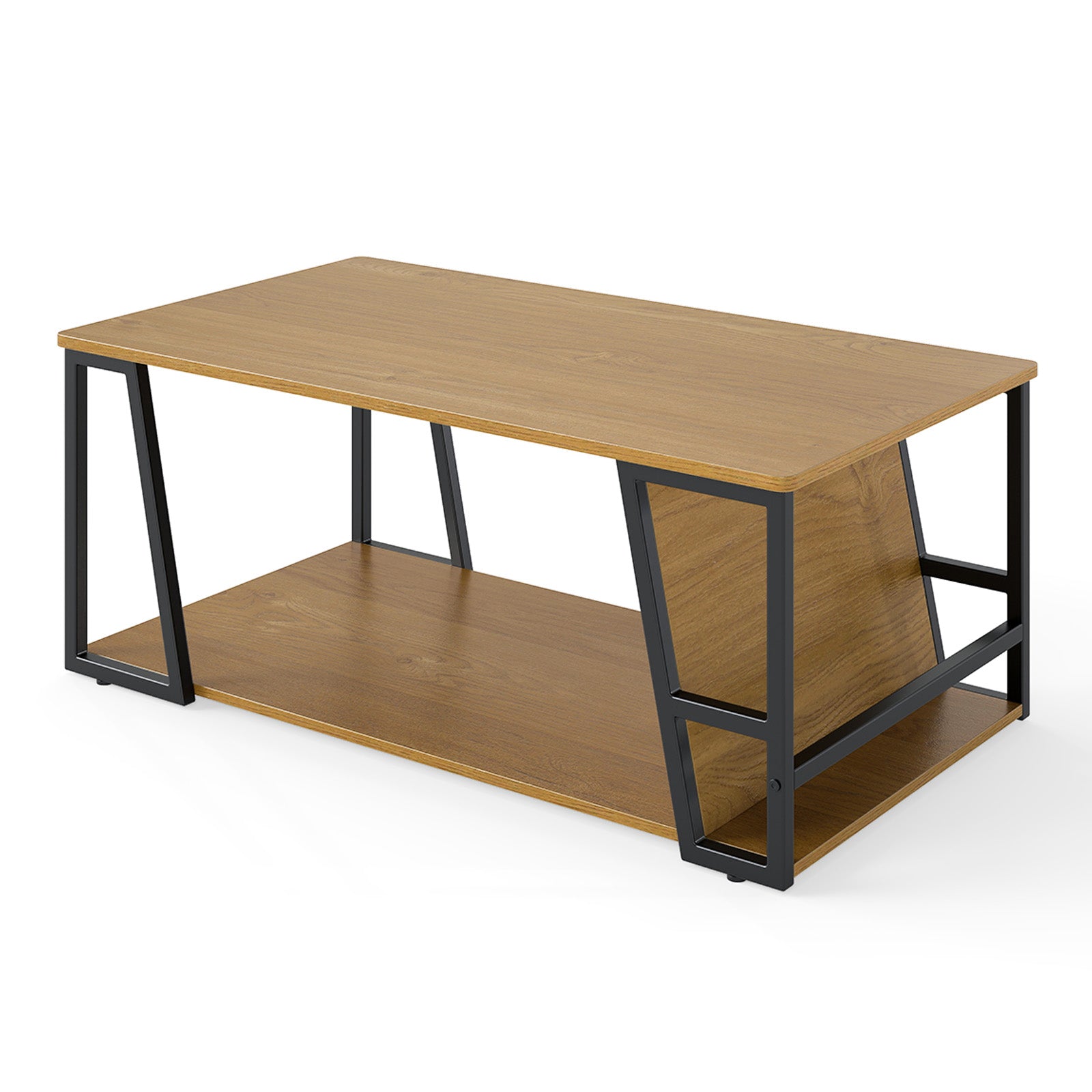 Rectangle Coffee Table 2-tier Industrial Accent Table with Storage Shelf and Compartment, Natural Coffee Tables at Gallery Canada