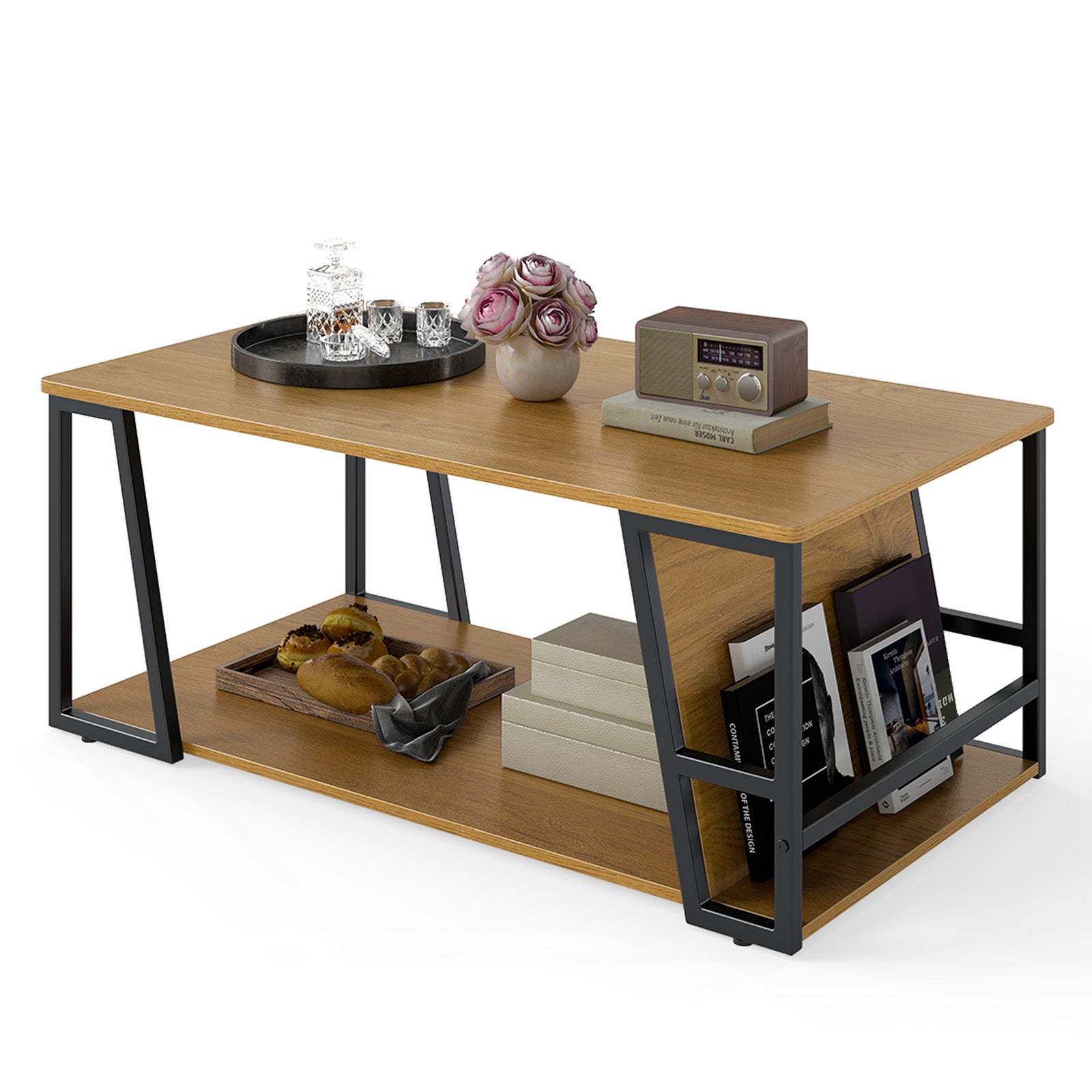 Rectangle Coffee Table 2-tier Industrial Accent Table with Storage Shelf and Compartment, Natural Coffee Tables at Gallery Canada