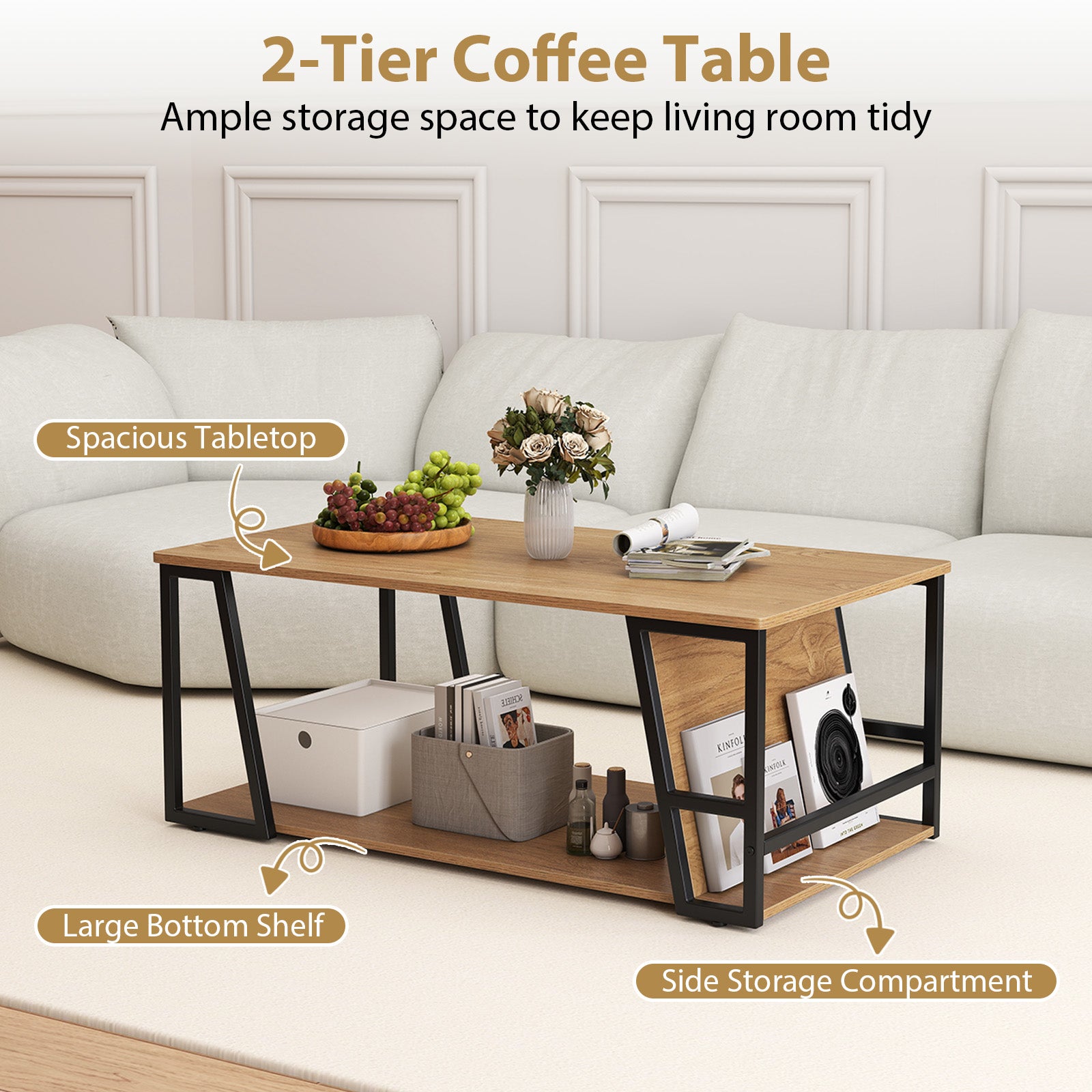 Rectangle Coffee Table 2-tier Industrial Accent Table with Storage Shelf and Compartment, Natural Coffee Tables at Gallery Canada
