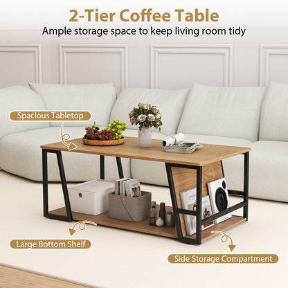 Rectangle Coffee Table 2-tier Industrial Accent Table with Storage Shelf and Compartment, Natural Coffee Tables at Gallery Canada