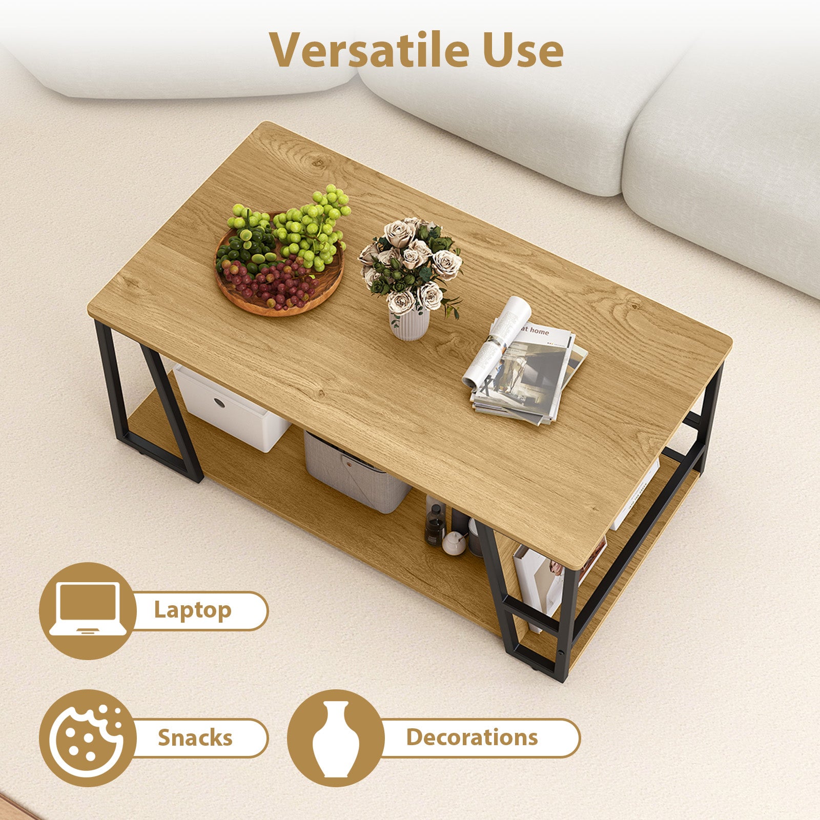 Rectangle Coffee Table 2-tier Industrial Accent Table with Storage Shelf and Compartment, Natural Coffee Tables at Gallery Canada