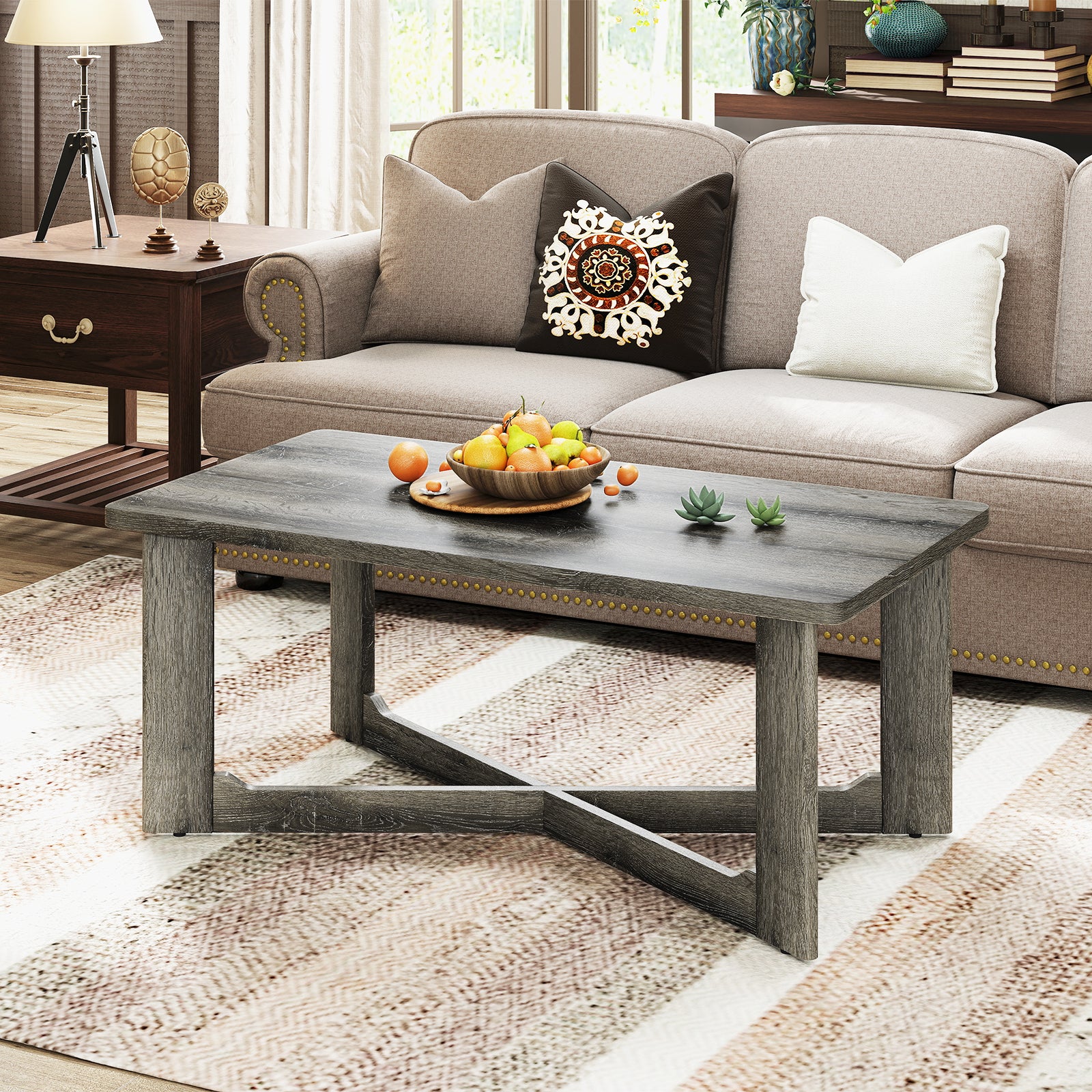 Rectangle Coffee Table Rubber Wood with X-Shaped Base, Gray Coffee Tables at Gallery Canada