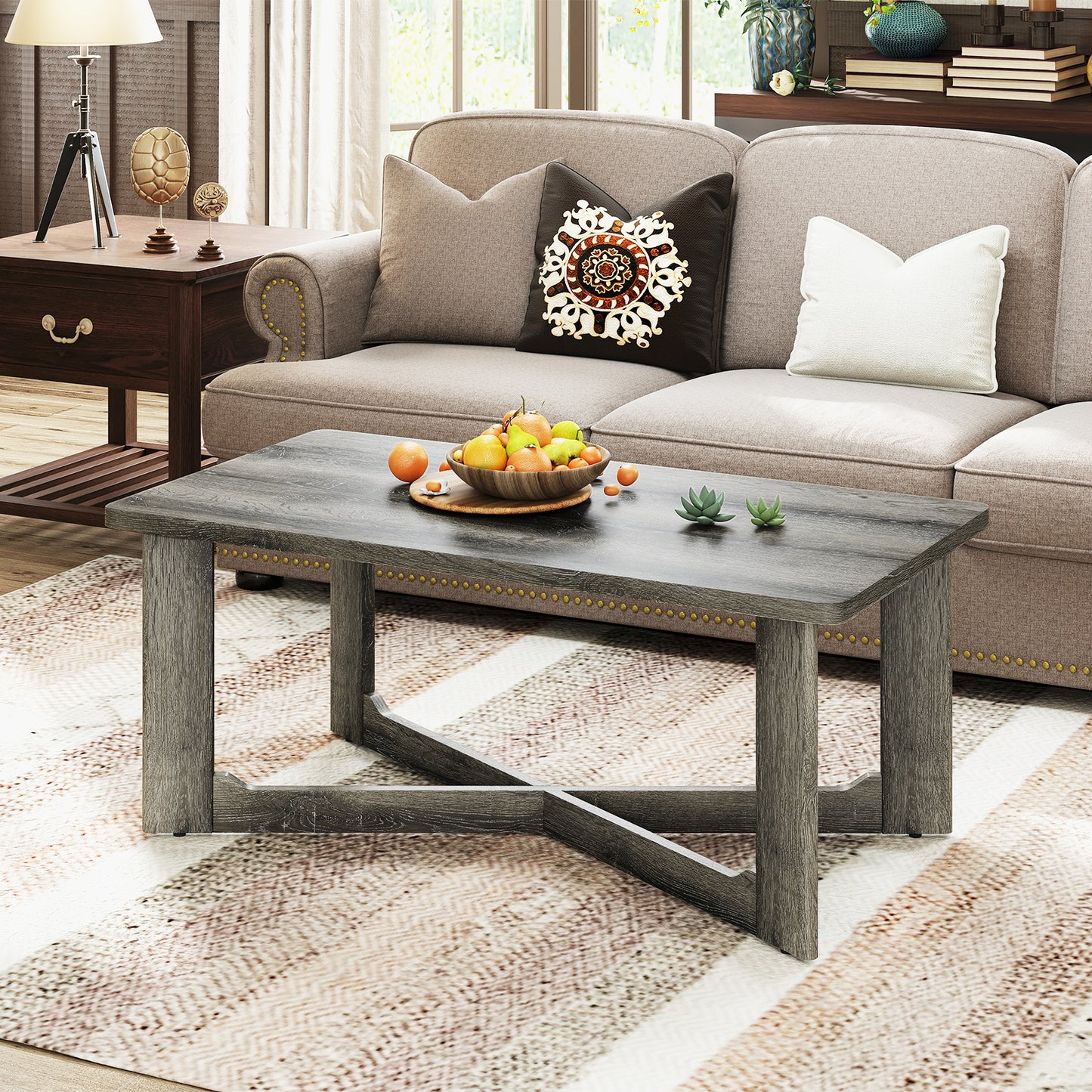 Rectangle Coffee Table Rubber Wood with X-Shaped Base, Gray Coffee Tables at Gallery Canada
