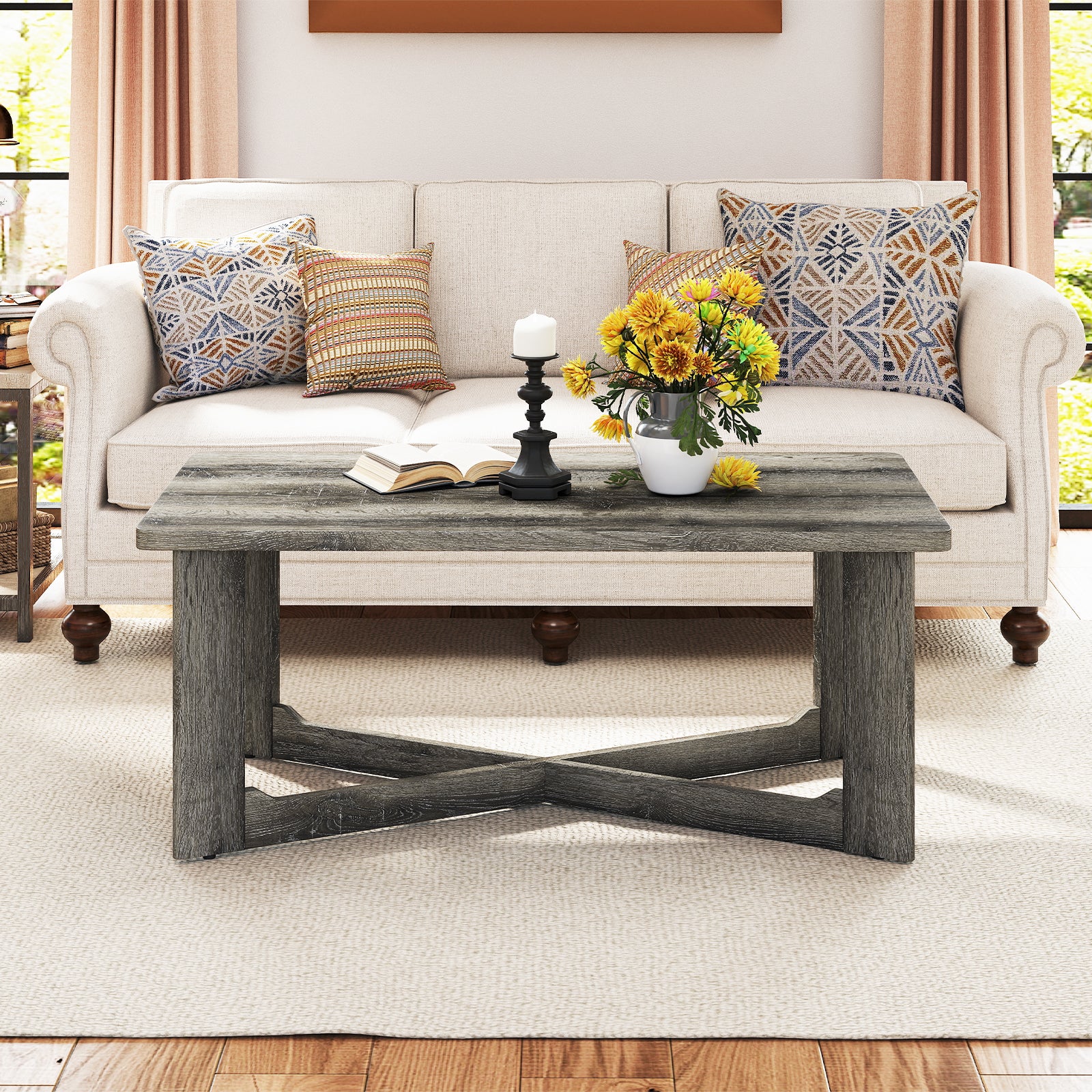 Rectangle Coffee Table Rubber Wood with X-Shaped Base, Gray Coffee Tables at Gallery Canada