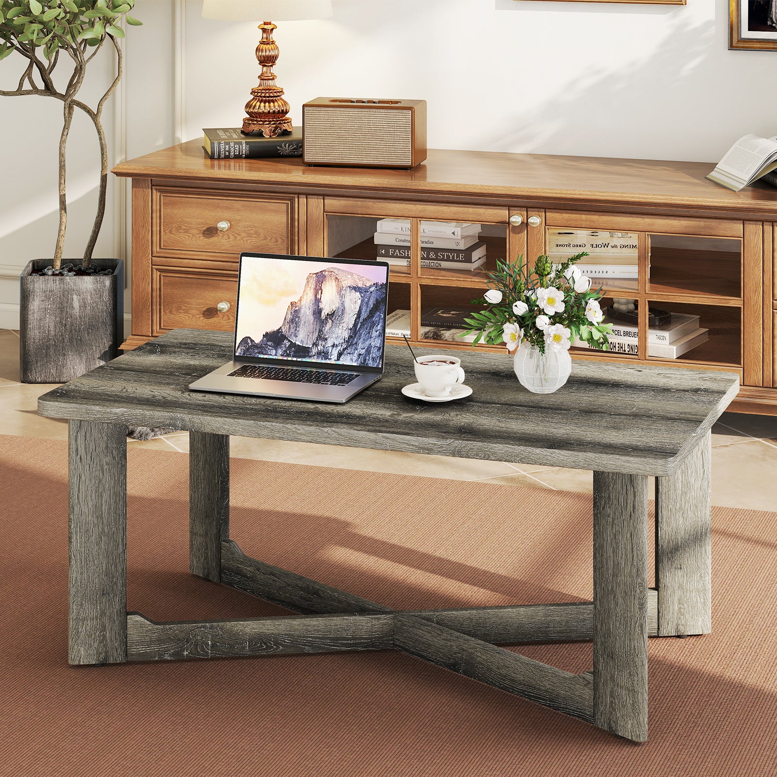 Rectangle Coffee Table Rubber Wood with X-Shaped Base, Gray Coffee Tables at Gallery Canada