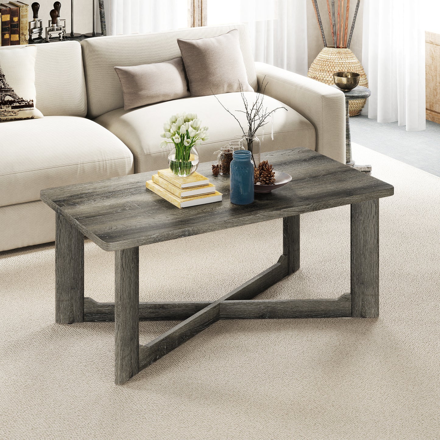 Rectangle Coffee Table Rubber Wood with X-Shaped Base, Gray Coffee Tables at Gallery Canada