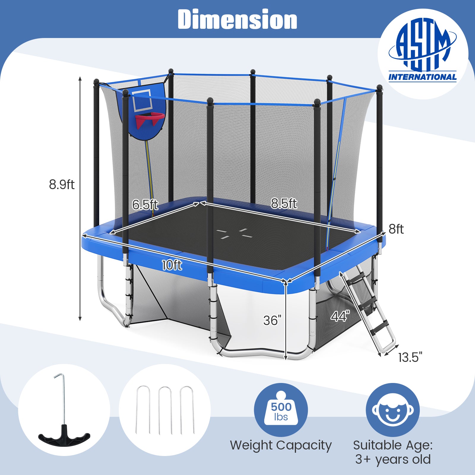 Rectangle Outdoor Trampoline 10 x 8 FT Heavy-Duty Trampoline with Basketball Hoop, Blue Trampolines at Gallery Canada