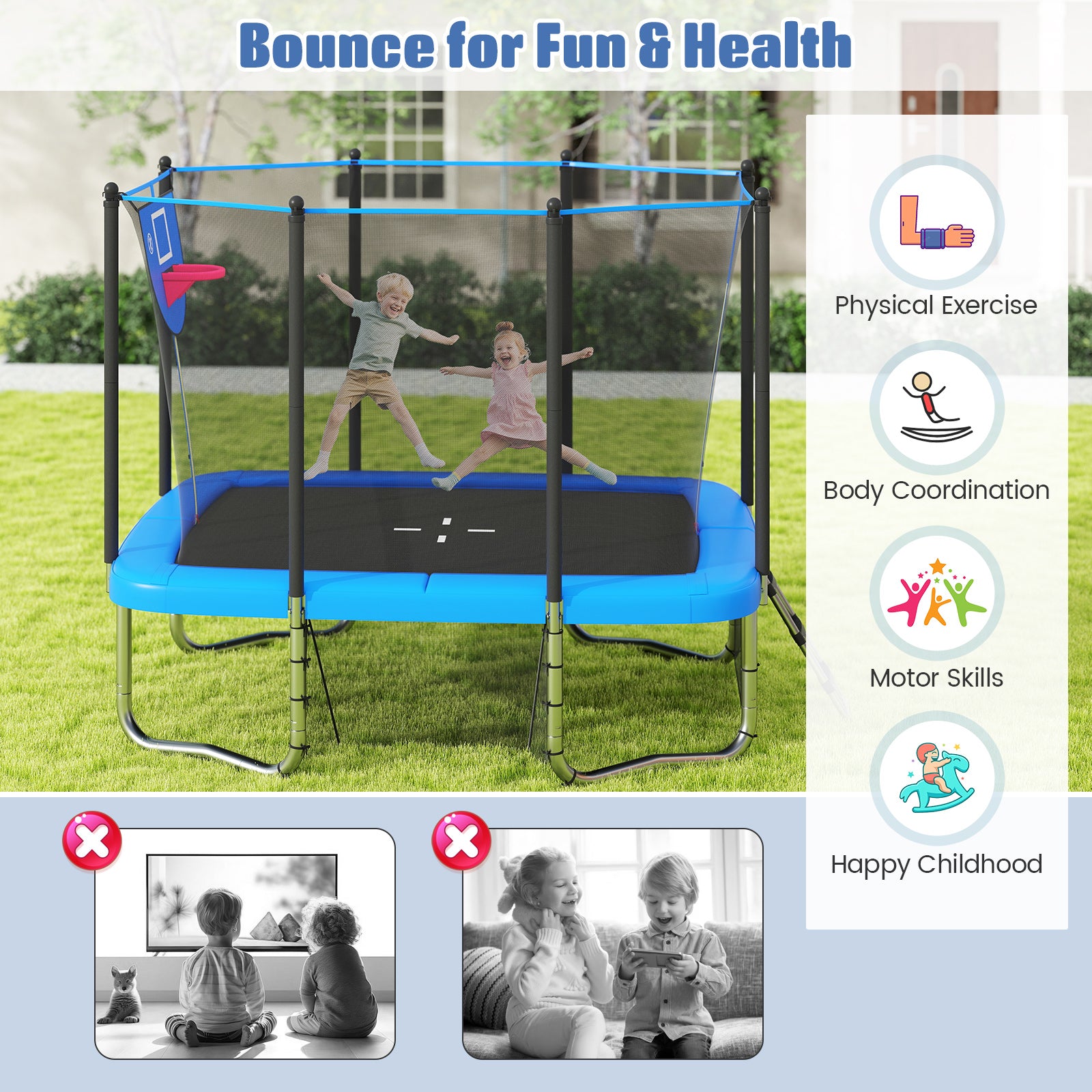 Rectangle Outdoor Trampoline 10 x 8 FT Heavy-Duty Trampoline with Basketball Hoop, Blue Trampolines at Gallery Canada