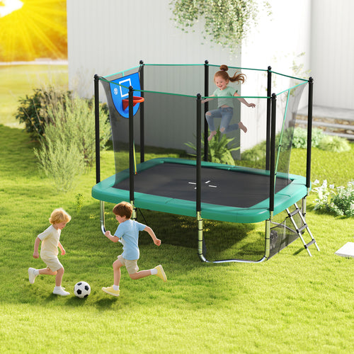 Rectangle Outdoor Trampoline 10 x 8 FT Heavy-Duty Trampoline with Basketball Hoop, Green