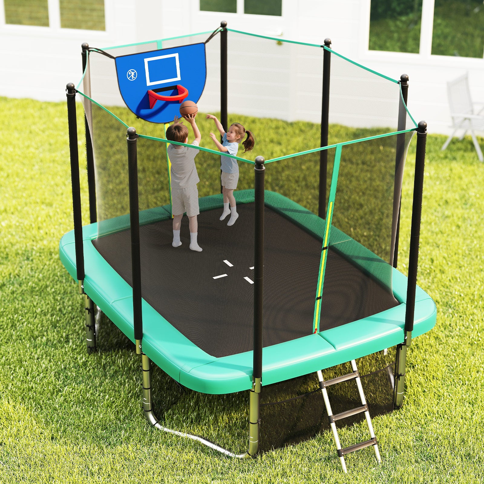 Rectangle Outdoor Trampoline 10 x 8 FT Heavy-Duty Trampoline with Basketball Hoop, Green Trampolines at Gallery Canada