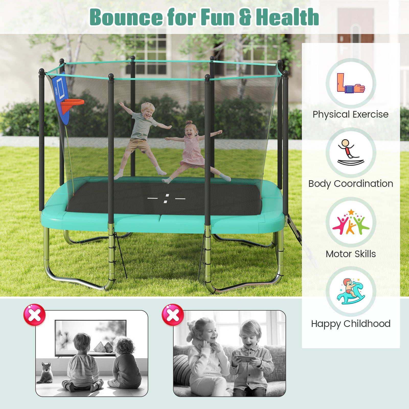 Rectangle Outdoor Trampoline 10 x 8 FT Heavy-Duty Trampoline with Basketball Hoop, Green Trampolines at Gallery Canada