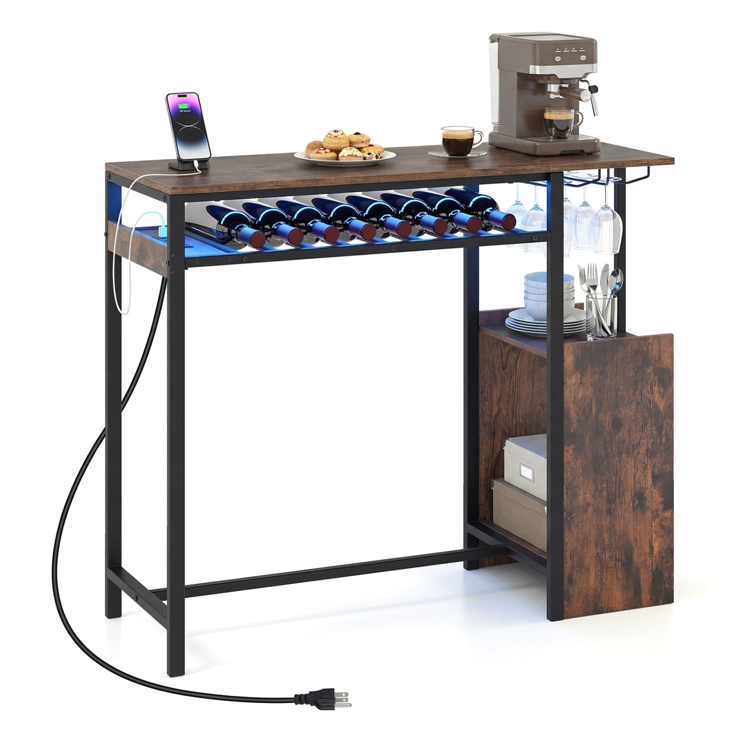 Rectangular Bar Table, Charging Station, LED, Rustic Brown Bar Tables Rustic Brown at Gallery Canada