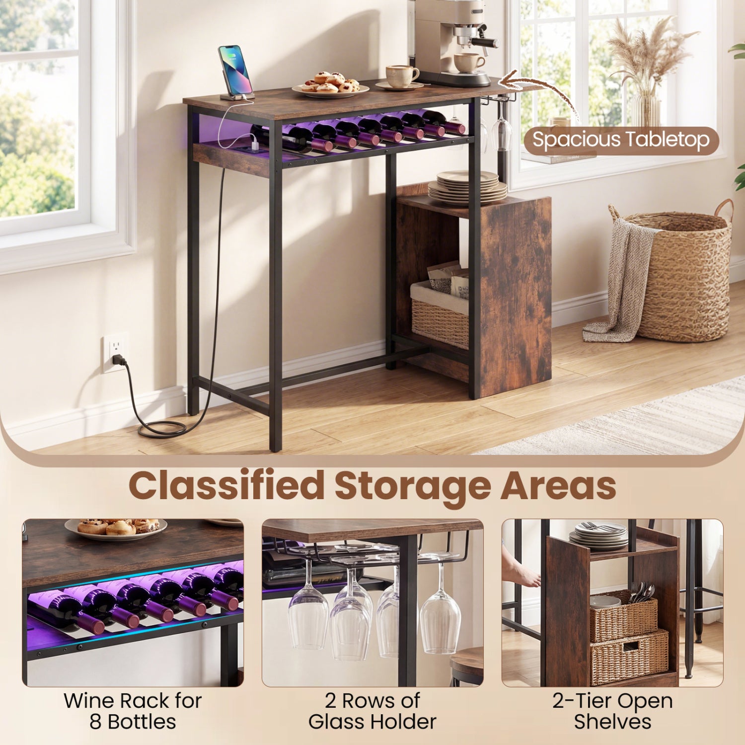 Rectangular Bar Table, Charging Station, LED, Rustic Brown Bar Tables at Gallery Canada