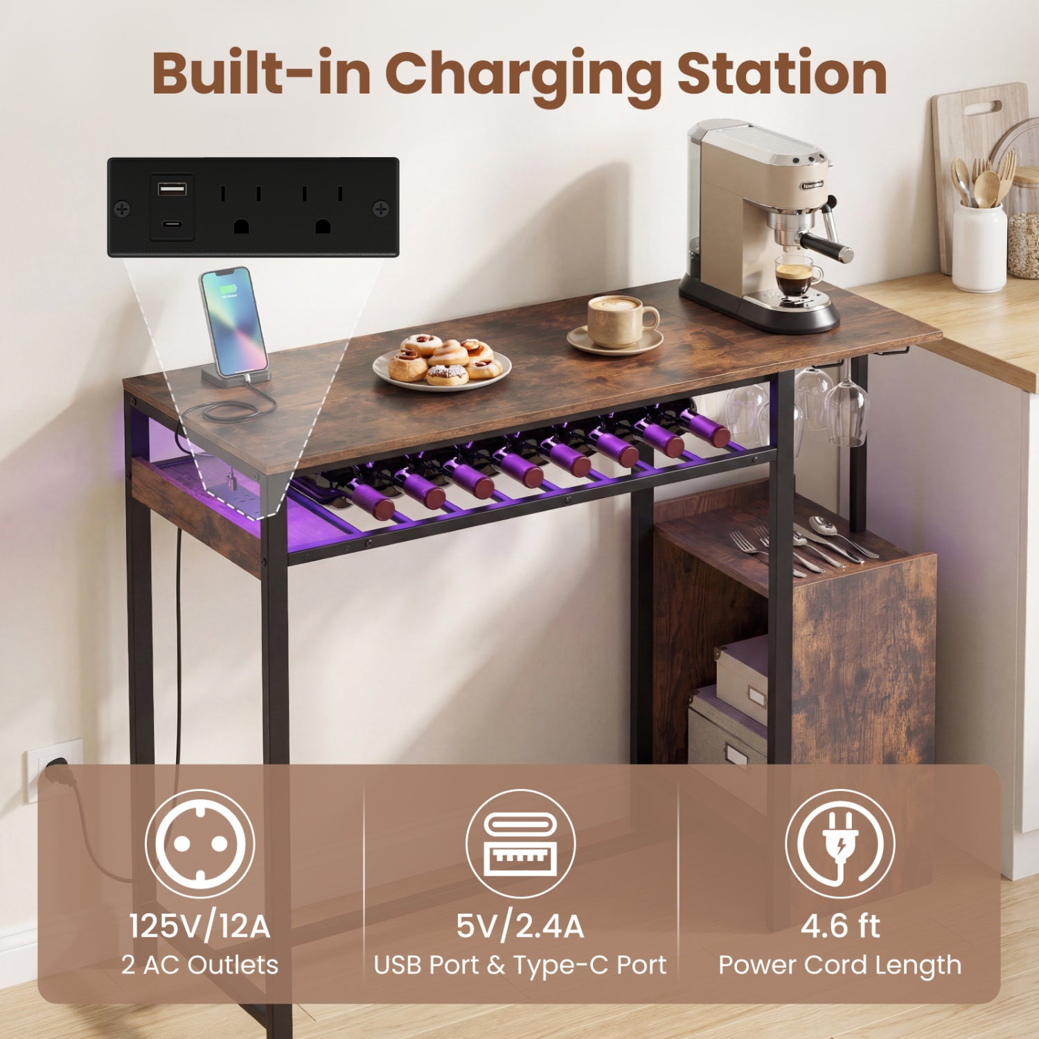 Rectangular Bar Table, Charging Station, LED, Rustic Brown Bar Tables at Gallery Canada