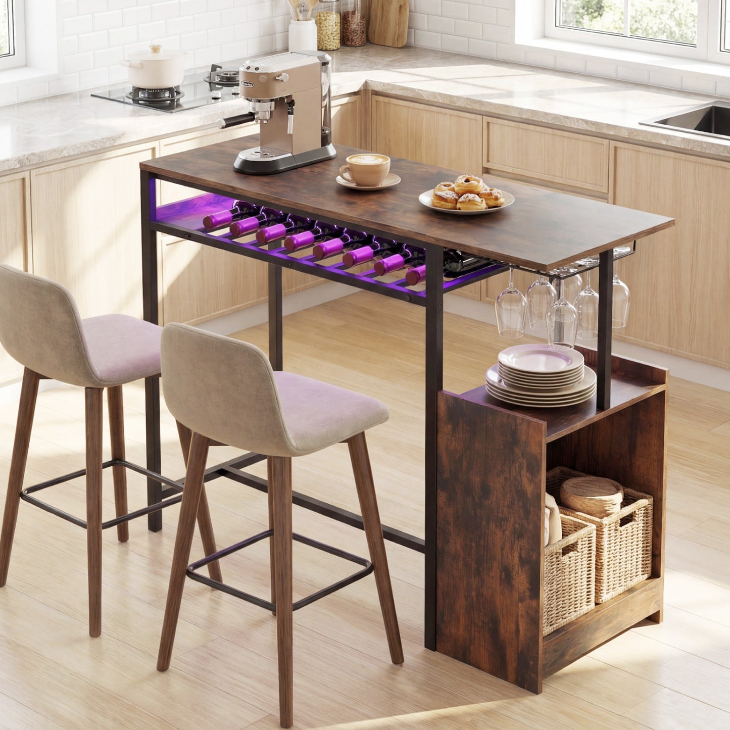 Rectangular Bar Table, Charging Station, LED, Rustic Brown Bar Tables at Gallery Canada