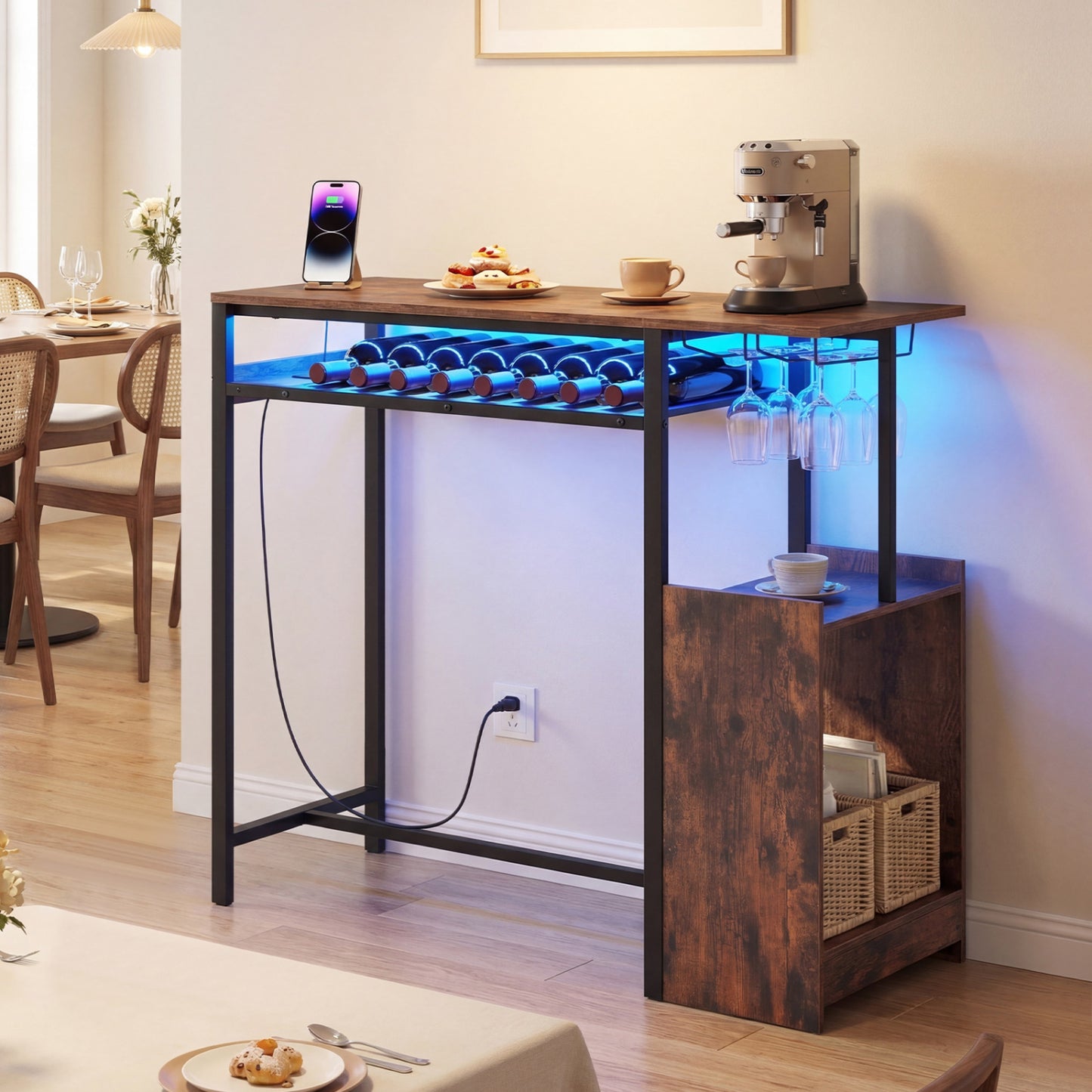 Rectangular Bar Table, Charging Station, LED, Rustic Brown Bar Tables at Gallery Canada