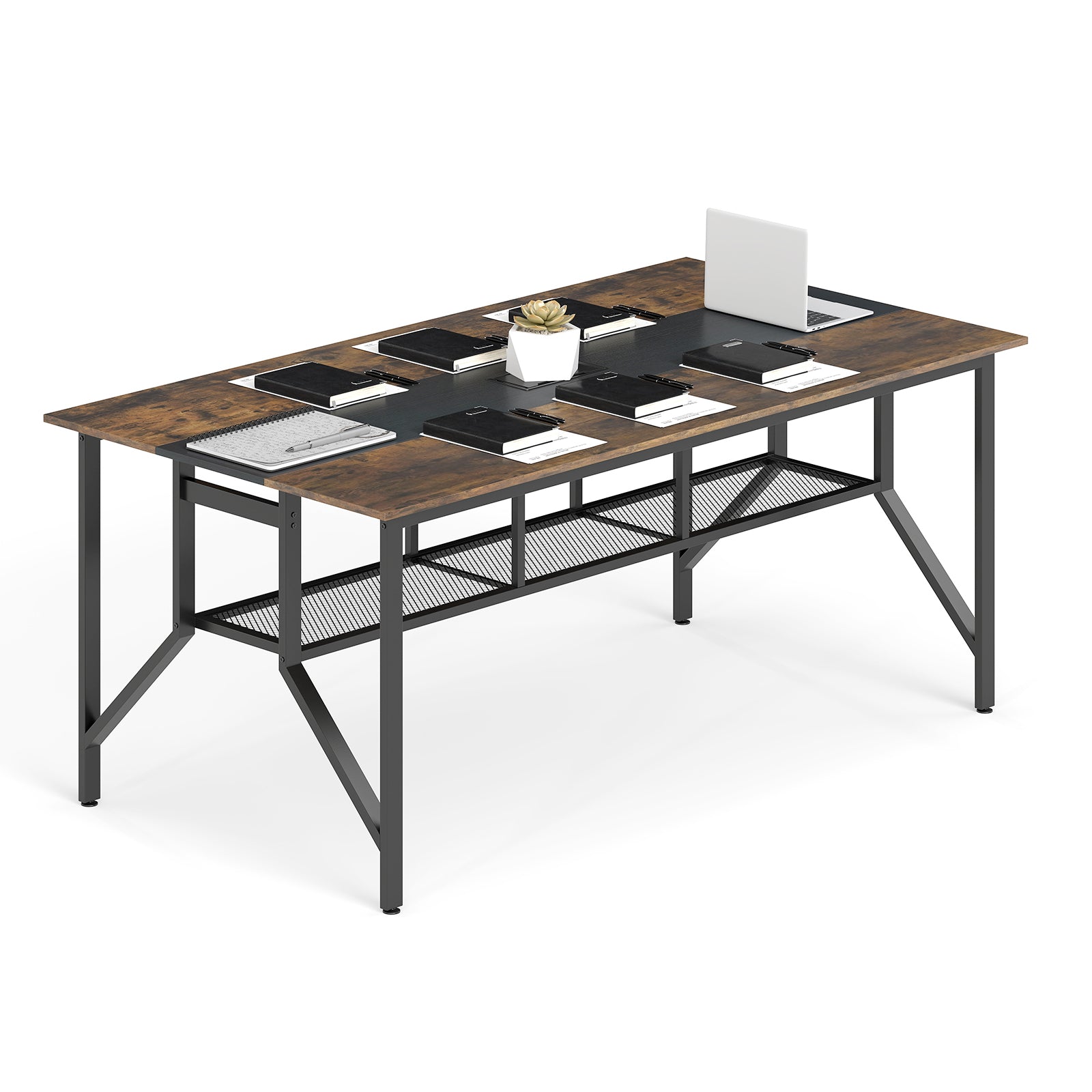 Rectangular Meeting Table with Mesh Storage Shelf and Cable Grommet-GY, Rustic Brown Office Desks at Gallery Canada