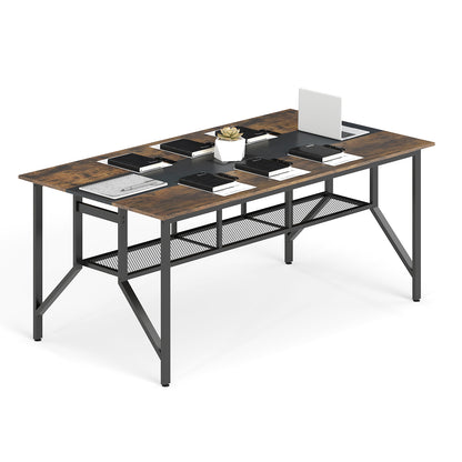 Rectangular Meeting Table with Mesh Storage Shelf and Cable Grommet-GY, Rustic Brown Office Desks at Gallery Canada
