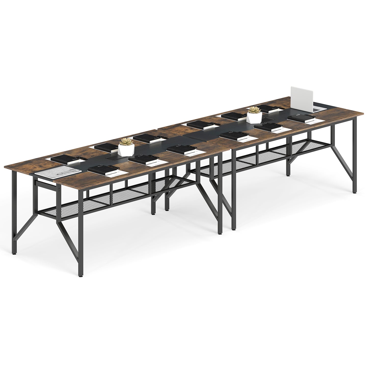 Rectangular Meeting Table with Mesh Storage Shelf and Cable Grommet-GY, Rustic Brown Office Desks at Gallery Canada