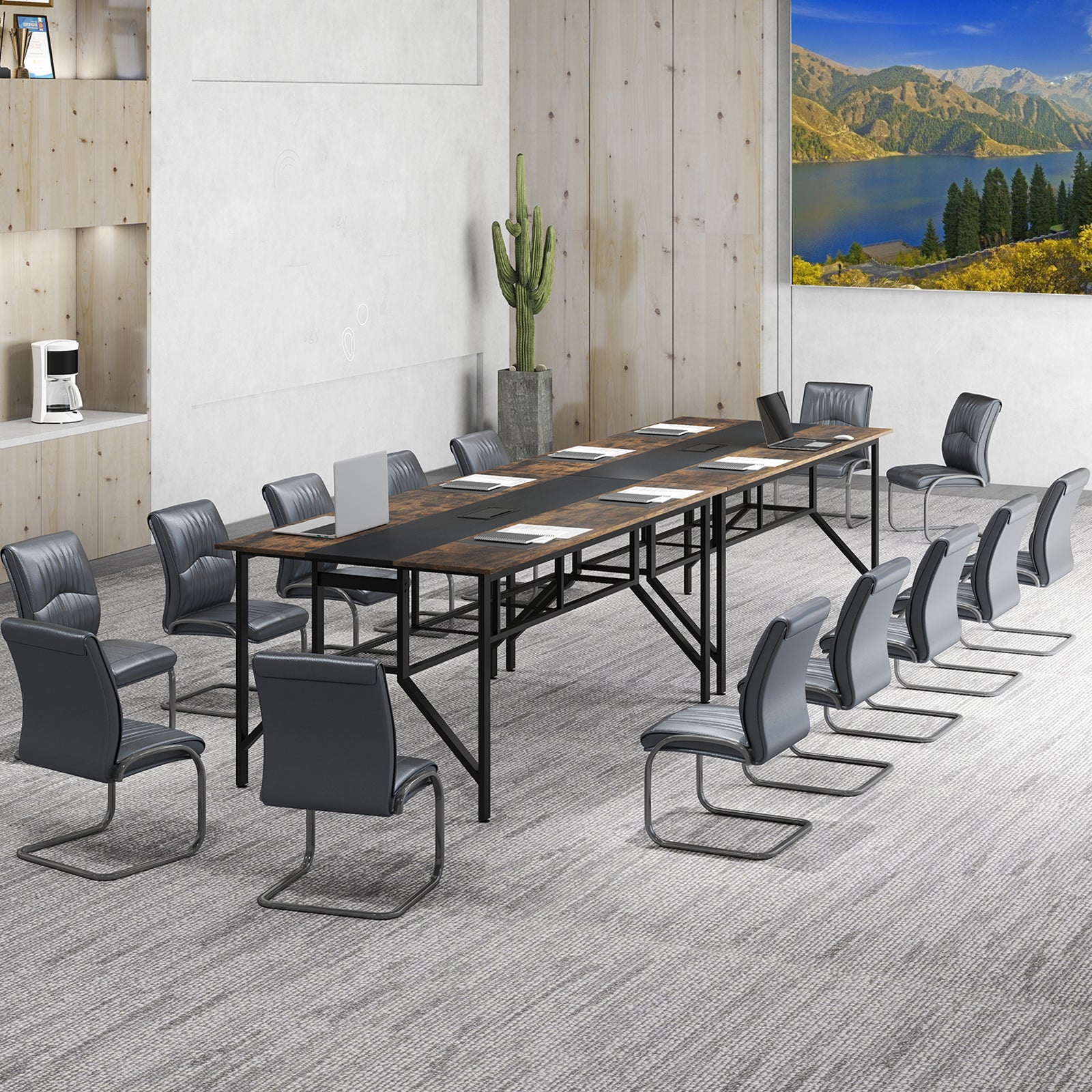 Rectangular Meeting Table with Mesh Storage Shelf and Cable Grommet-GY, Rustic Brown Office Desks at Gallery Canada
