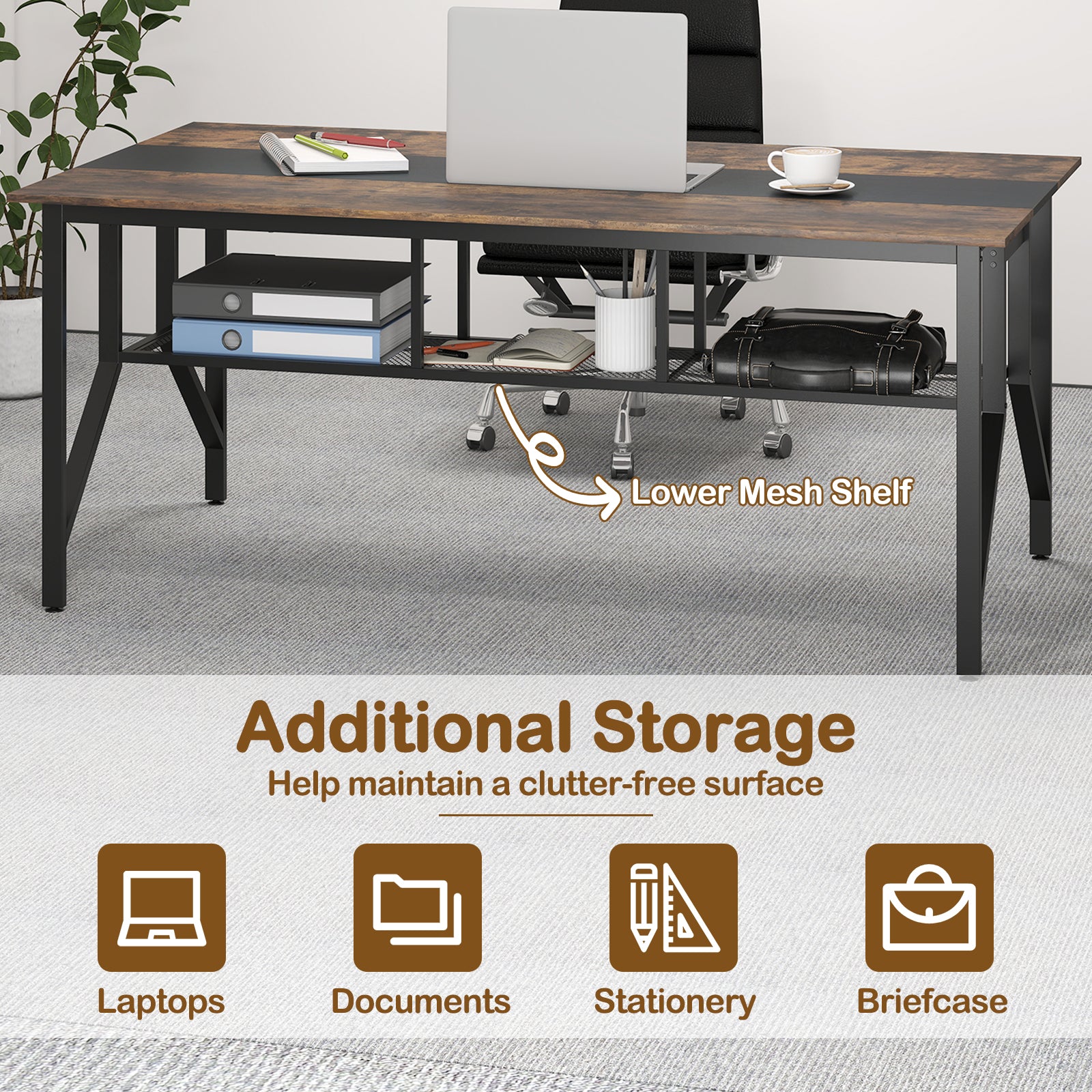 Rectangular Meeting Table with Mesh Storage Shelf and Cable Grommet-GY, Rustic Brown Office Desks at Gallery Canada
