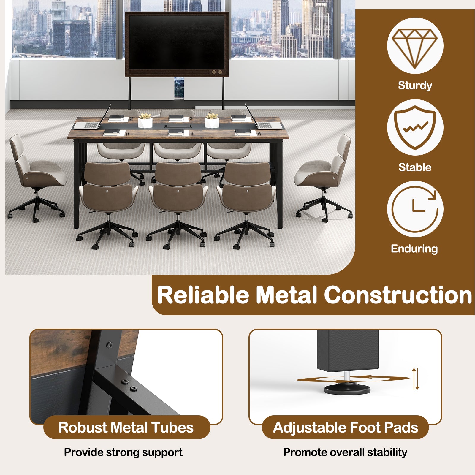 Rectangular Meeting Table with Mesh Storage Shelf and Cable Grommet-GY, Rustic Brown Office Desks at Gallery Canada