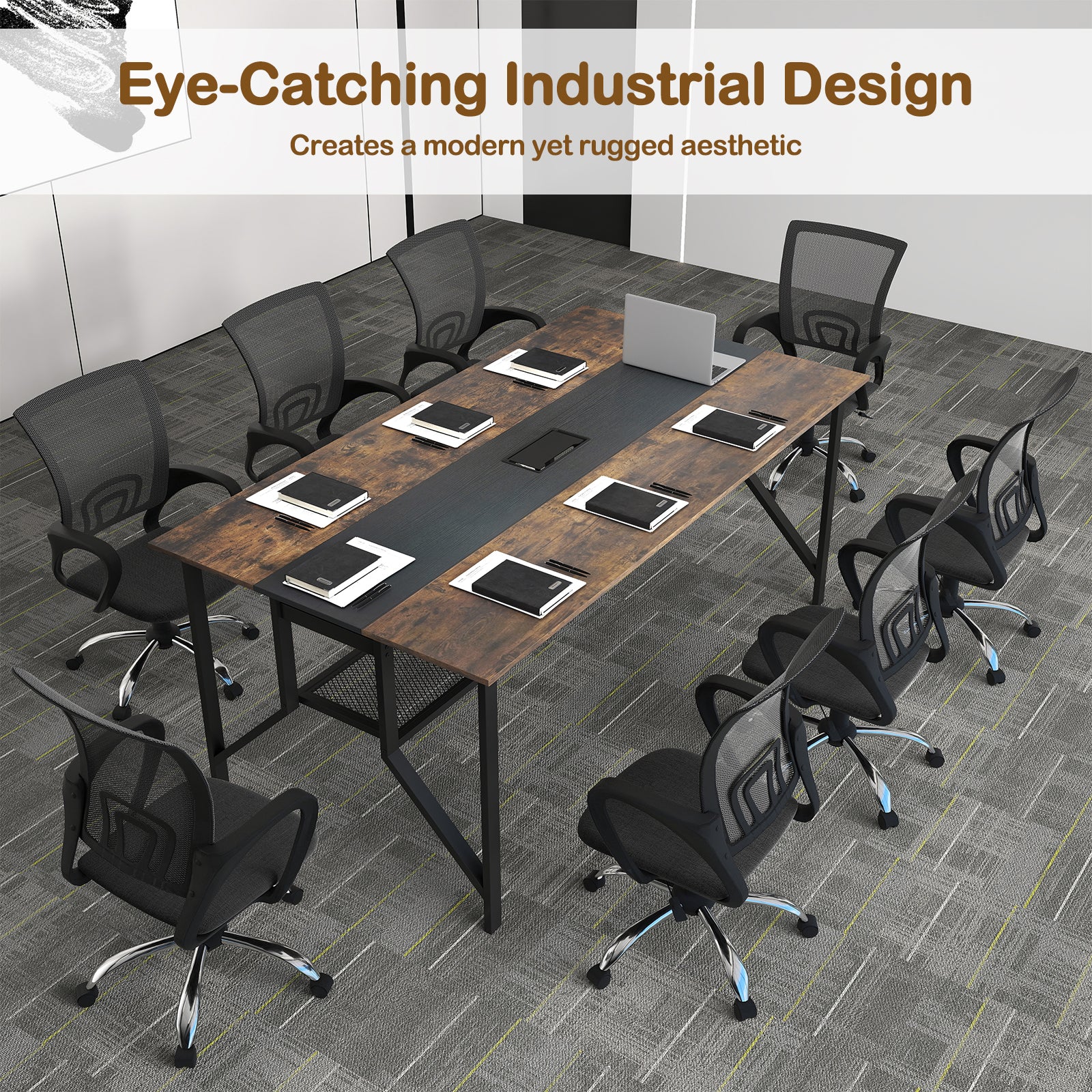 Rectangular Meeting Table with Mesh Storage Shelf and Cable Grommet-GY, Rustic Brown Office Desks at Gallery Canada