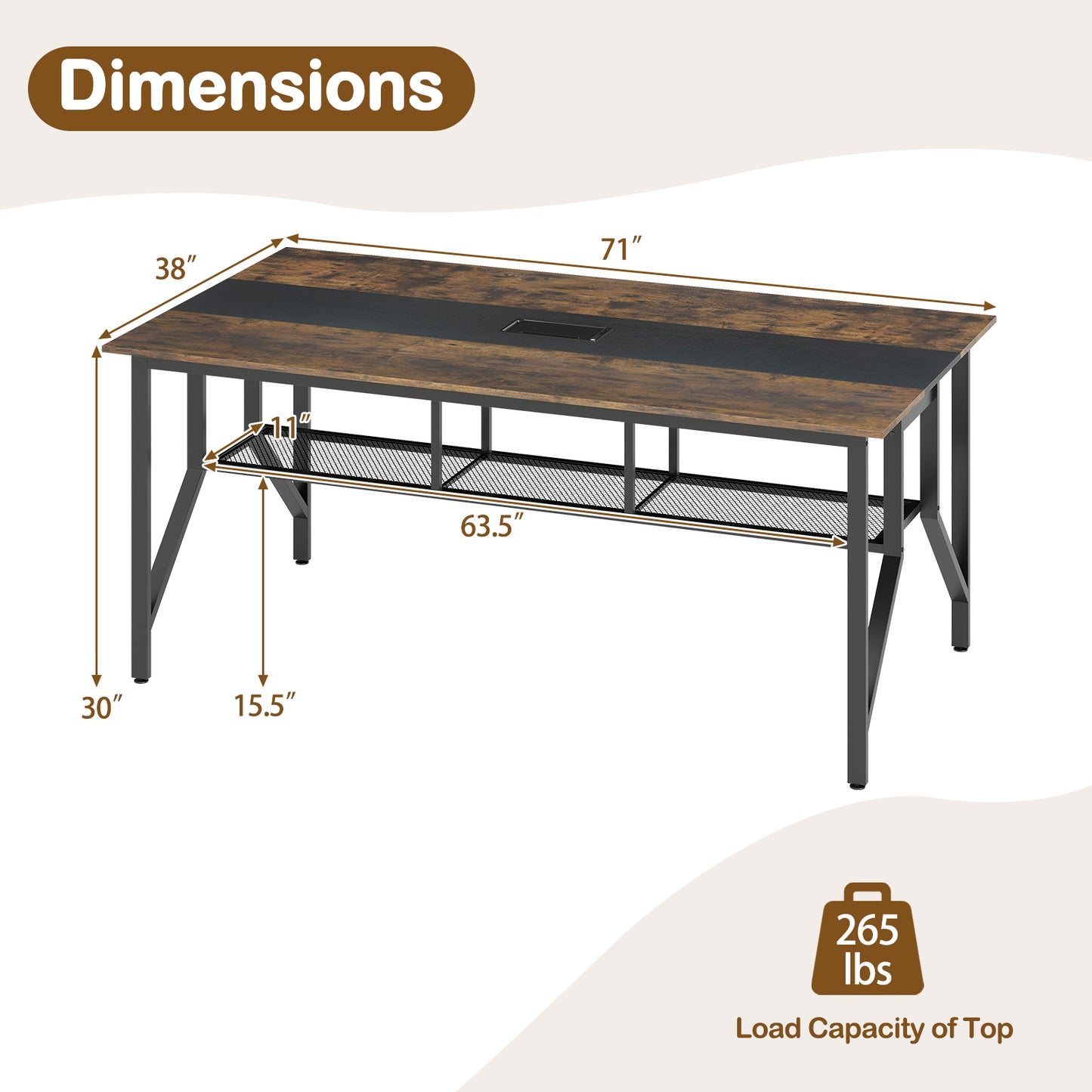 Rectangular Meeting Table with Mesh Storage Shelf and Cable Grommet-GY, Rustic Brown Office Desks at Gallery Canada