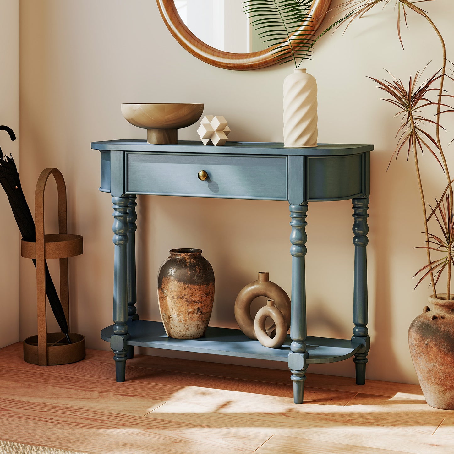 Retro Console Table36"L Wooden 2-Tier Narrow Behind Couch Foyer Table, Blue Console Tables at Gallery Canada